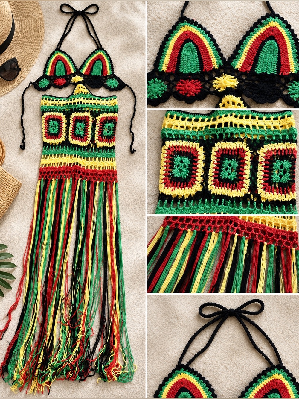Crochet Fringe Maxi Beach Cover Up Dress Multicolor